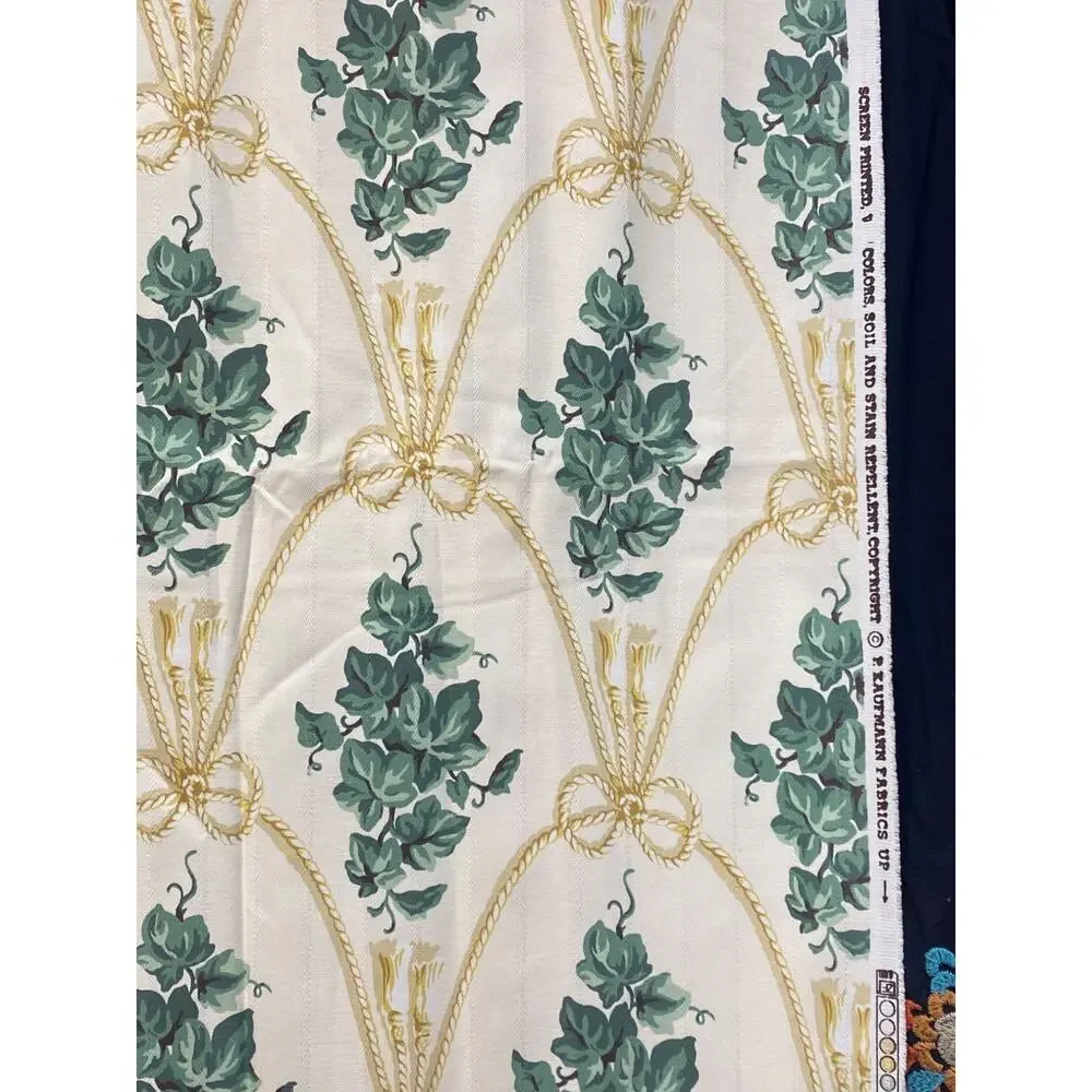 P. Kaufmann fabric pale yellow green ivy leaves white rope Cord Tassels 54